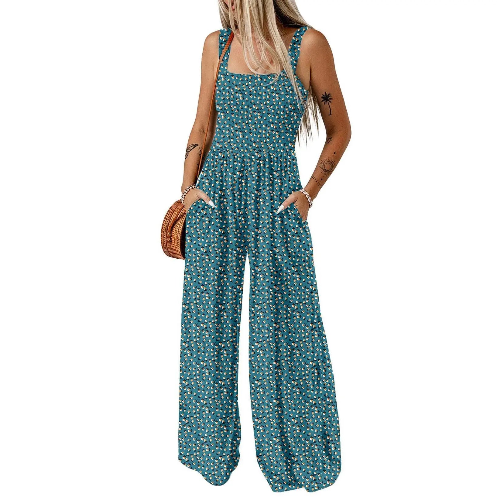 Women's Casual Loose Overalls Jumpsuits One Piece Sleeveless Printed Wide Leg Long Pant Rompers With Pockets Bohemian Womenswear