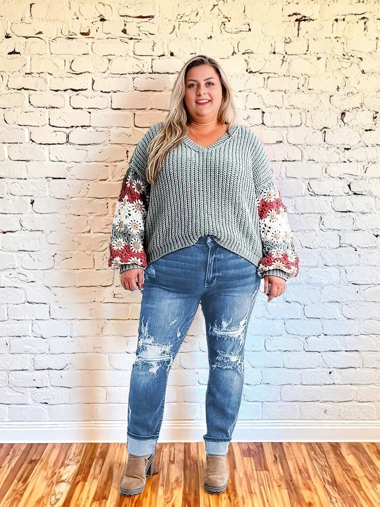 Tummy Control Distressed Cuffed Boyfriend Jeans