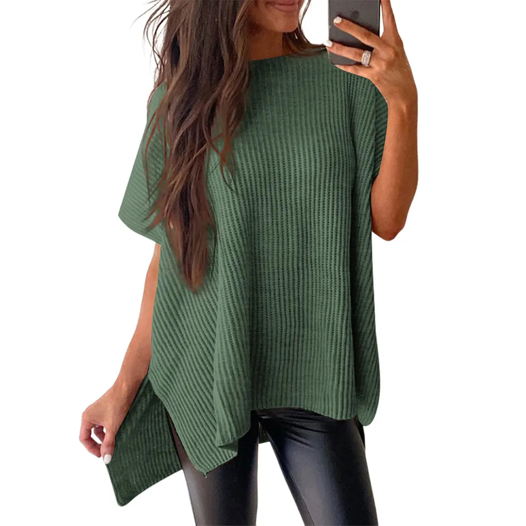 Women's Ribbed Knit Top Batwing Short Sleeve Crew Neck Oversized High Low Side Split Casual Blouse  DealsForYouDays
