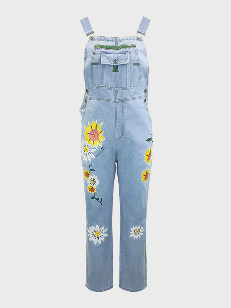 Euro-American Printed Denim Overalls