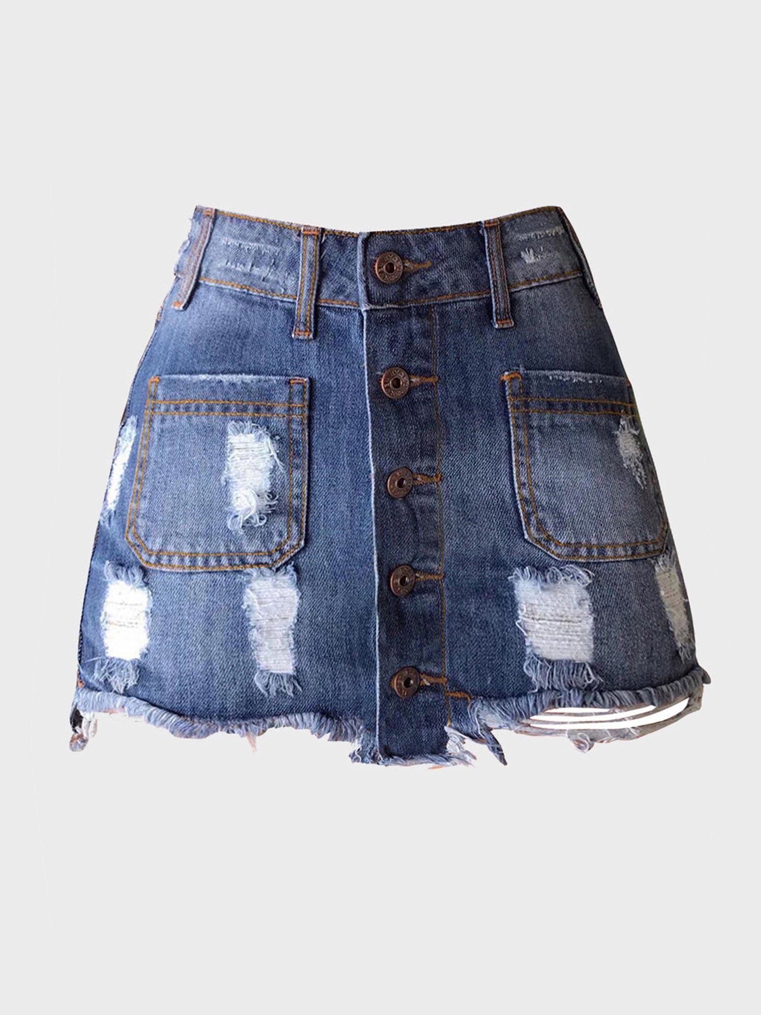 Buttoned Ripped Denim Skirt