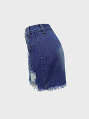 Buttoned Ripped Denim Skirt