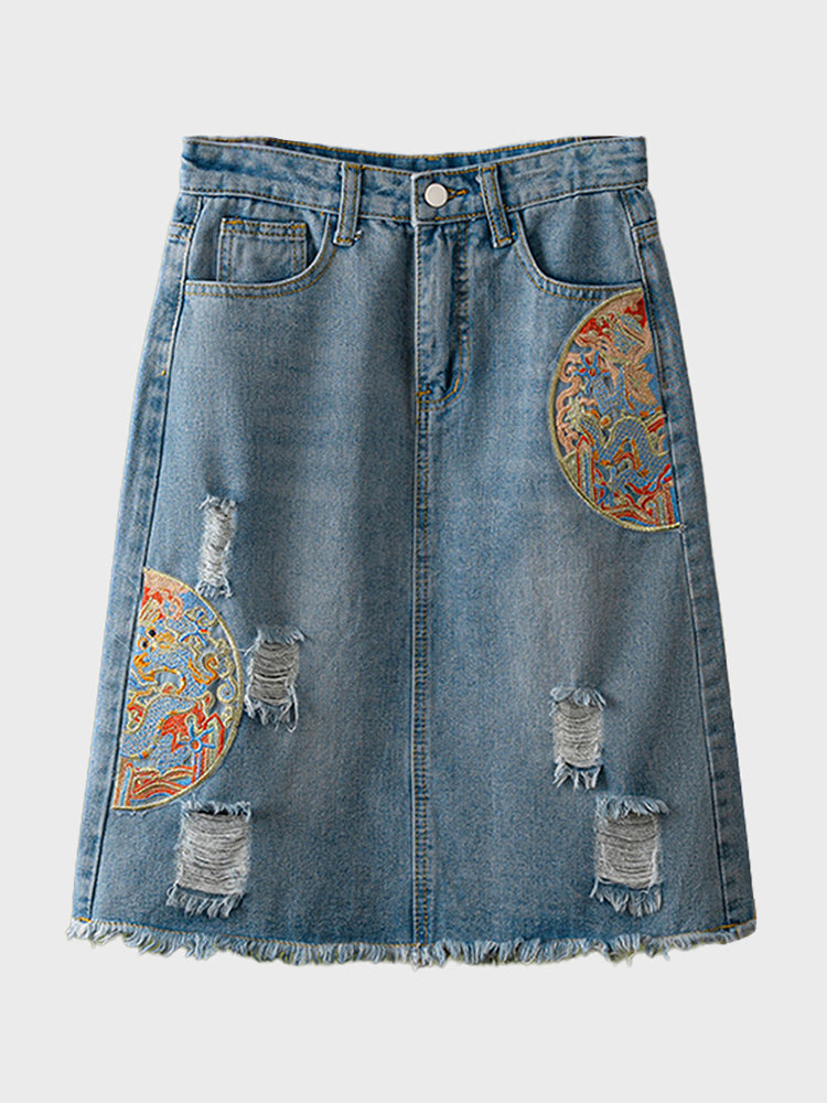 Embroidered Denim Skirt Suit