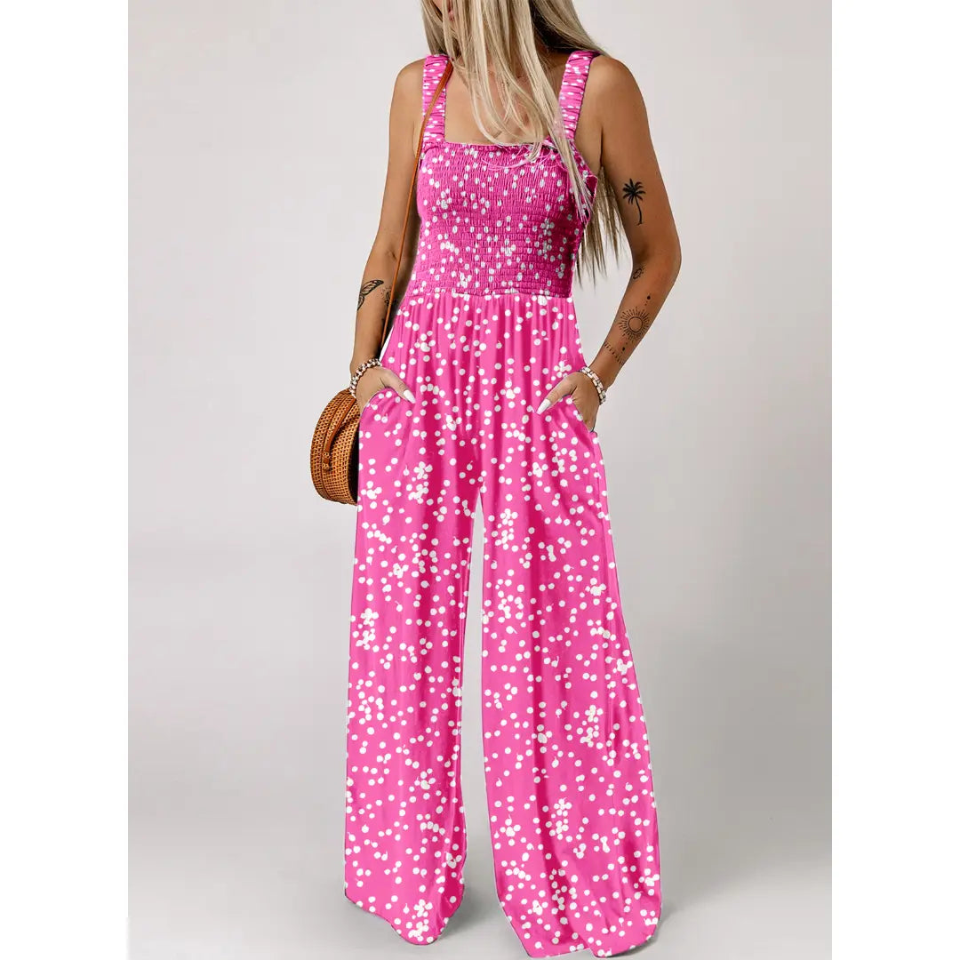 Dokotoo Women's Casual Loose Overalls Jumpsuits One Piece Sleeveless Printed Wide Leg Long Pant Rompers With Pockets Bohemian Womenswear