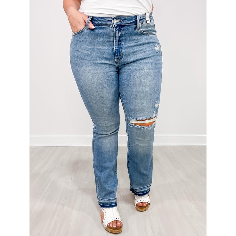 Mid-Rise Distressed Hem Bootcut Jeans