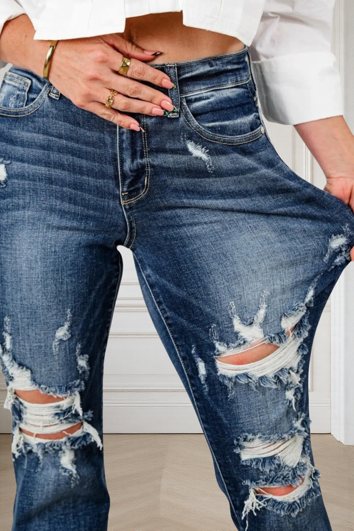 Tummy Control Distressed Cuffed Boyfriend Jeans