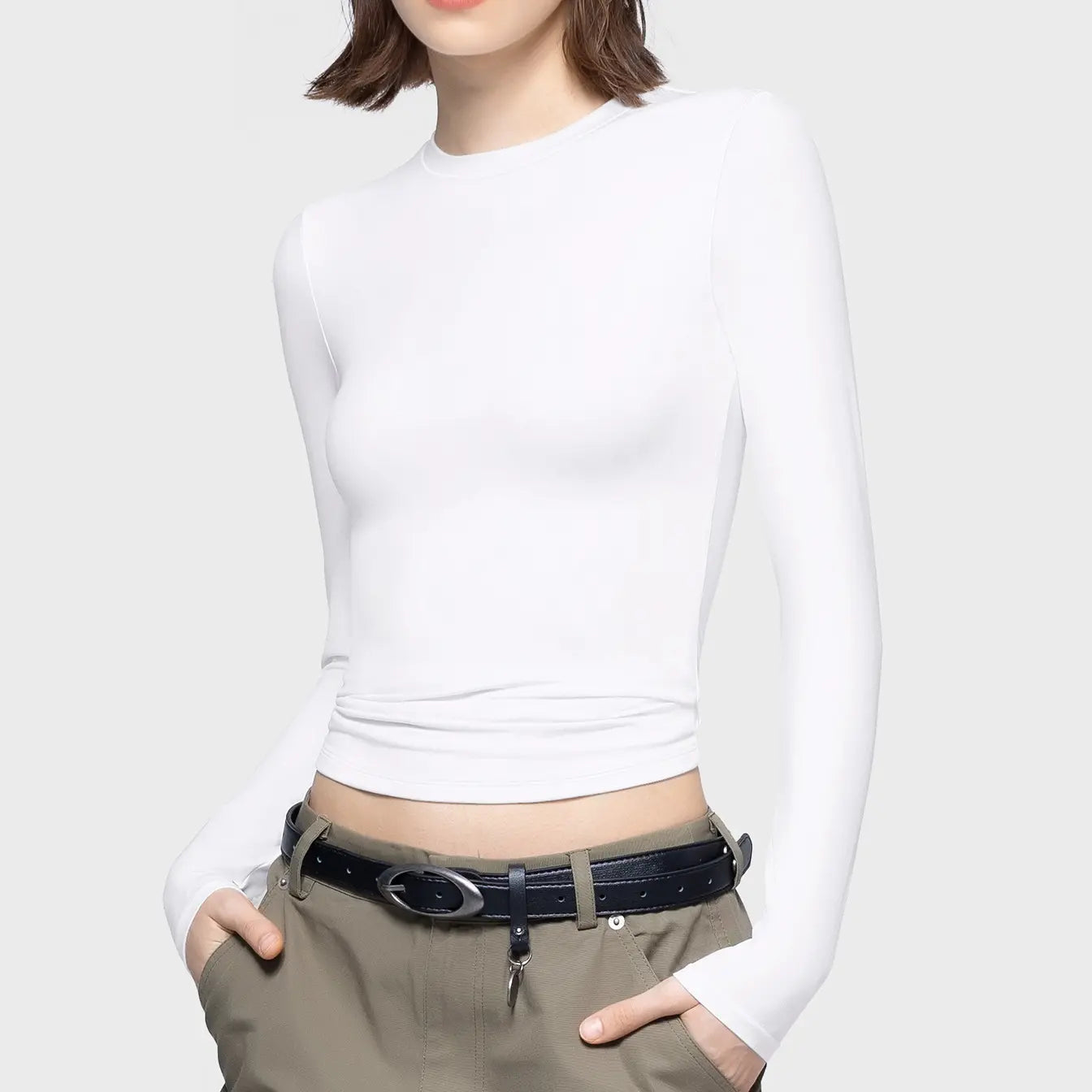 Long Sleeve Basic Tee Women's Crew Neck Slim Fit Tops Streetwear Minimalist Double Layer Compression Tee Casual Cloud Going outfits Office Outfits Women Elegant Classy tops Cute Fall outfits Summervibes summerwins