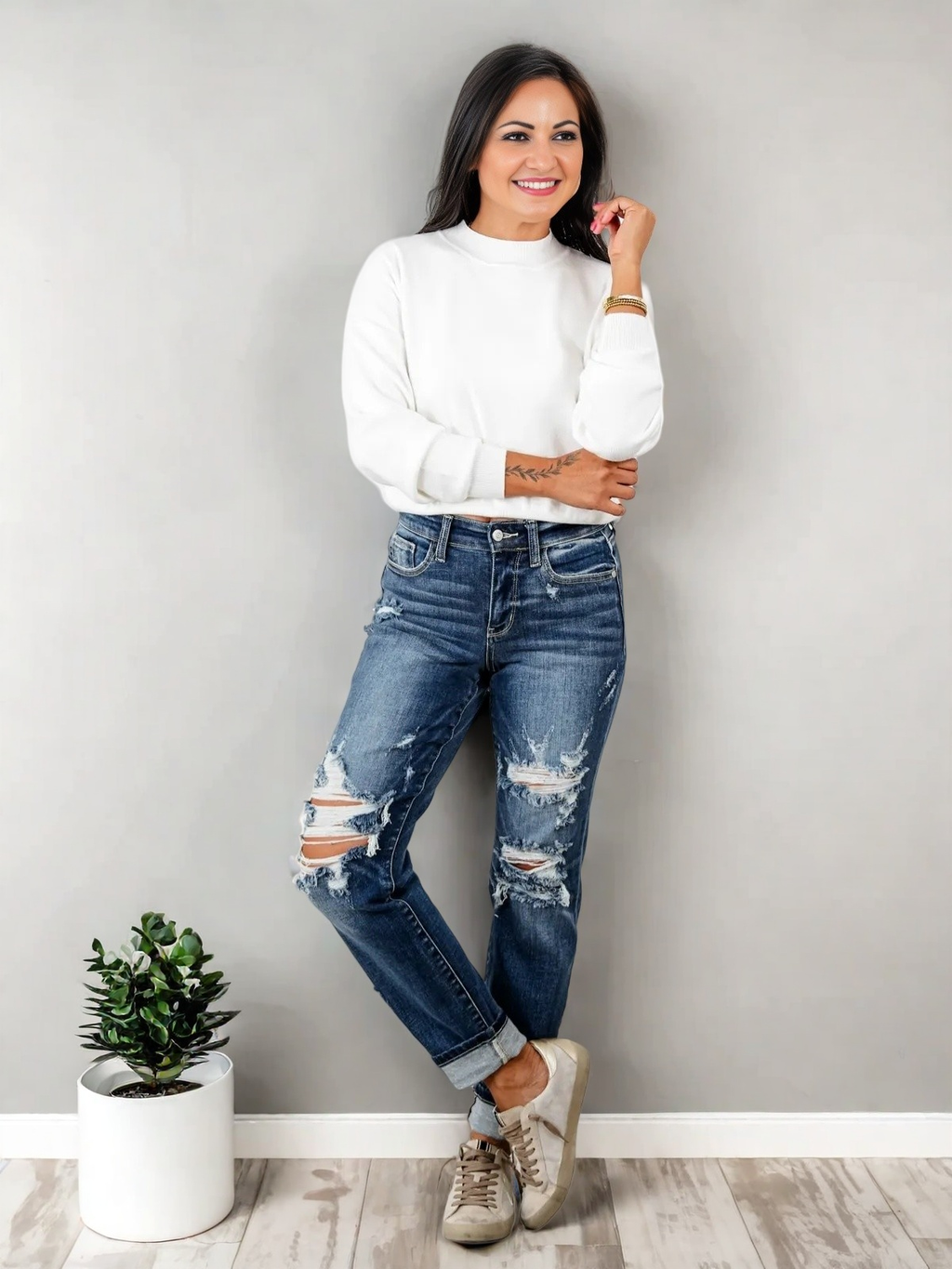 Tummy Control Distressed Cuffed Boyfriend Jeans