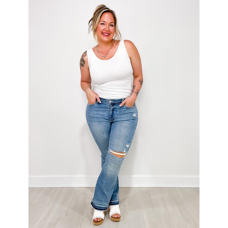 Mid-Rise Distressed Hem Bootcut Jeans