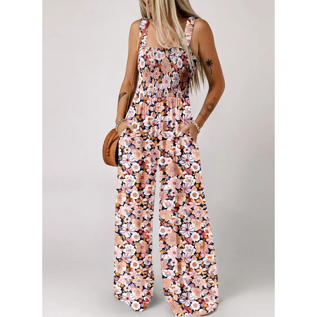 Dokotoo Women's Casual Loose Overalls Jumpsuits One Piece Sleeveless Printed Wide Leg Long Pant Rompers With Pockets Bohemian Womenswear