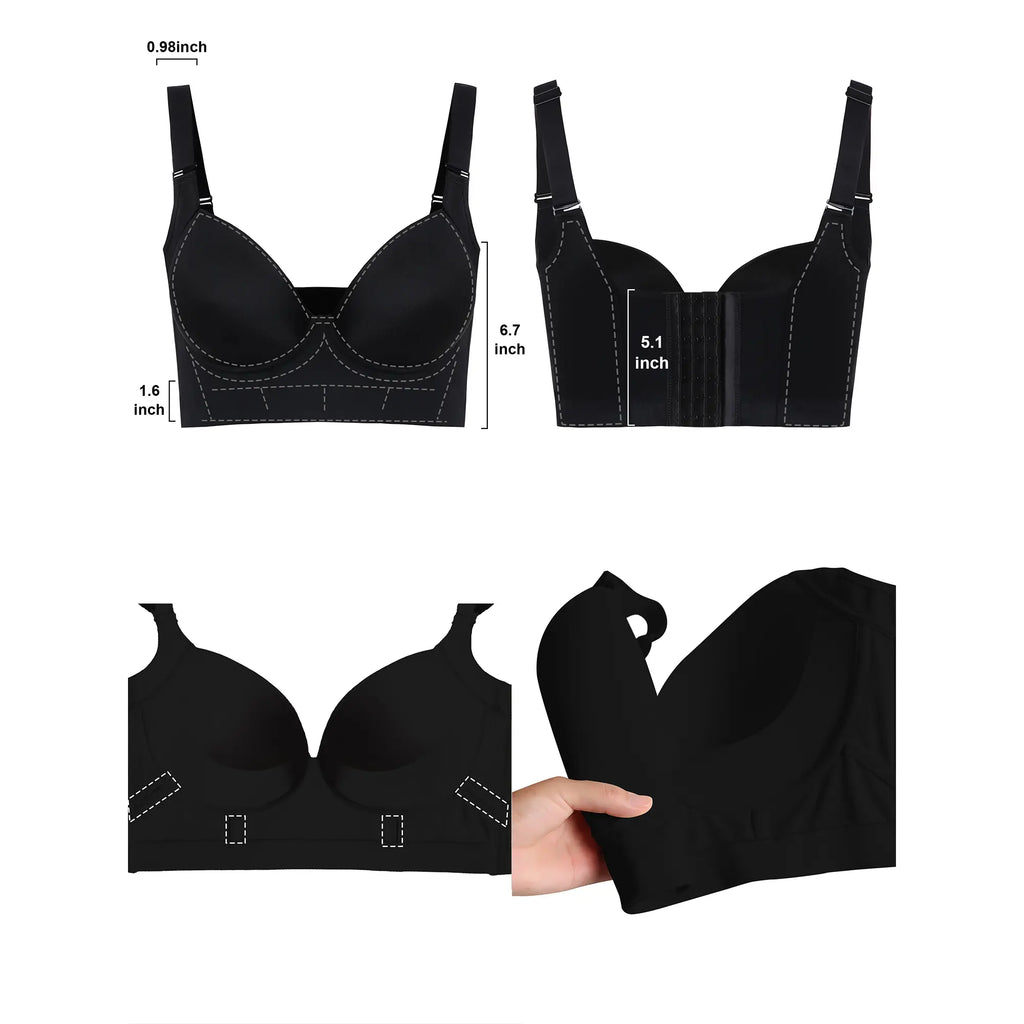 Rebleu Braless Deep V Bra with Wide Straps | Wireless Seamless Design for Supportive U-Back Comfort & Sexy Shape