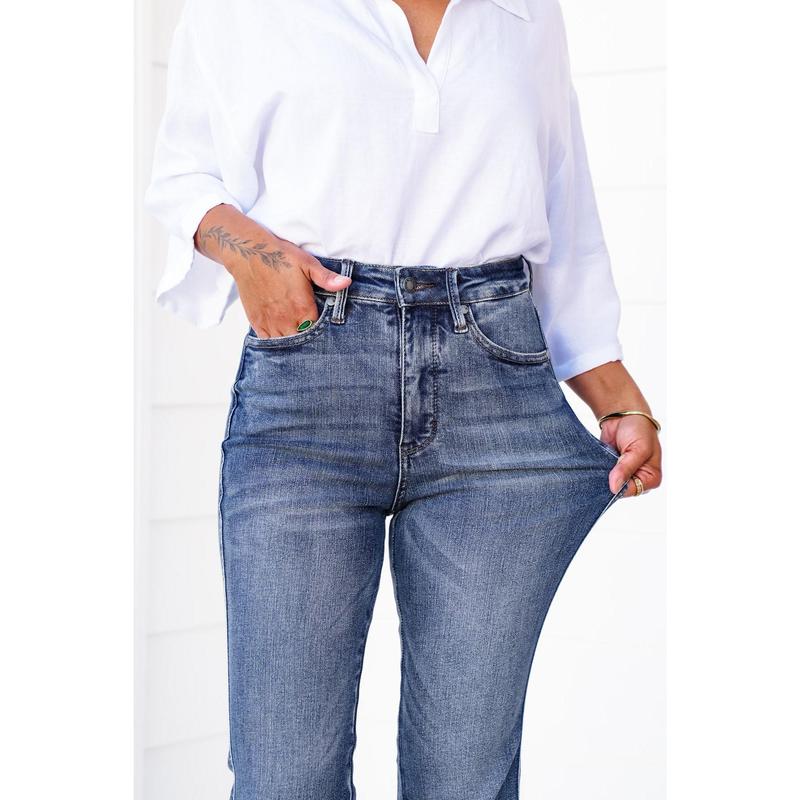 Judy High Rise Dark Wash With Contrast Tummy Control Flare Jeans