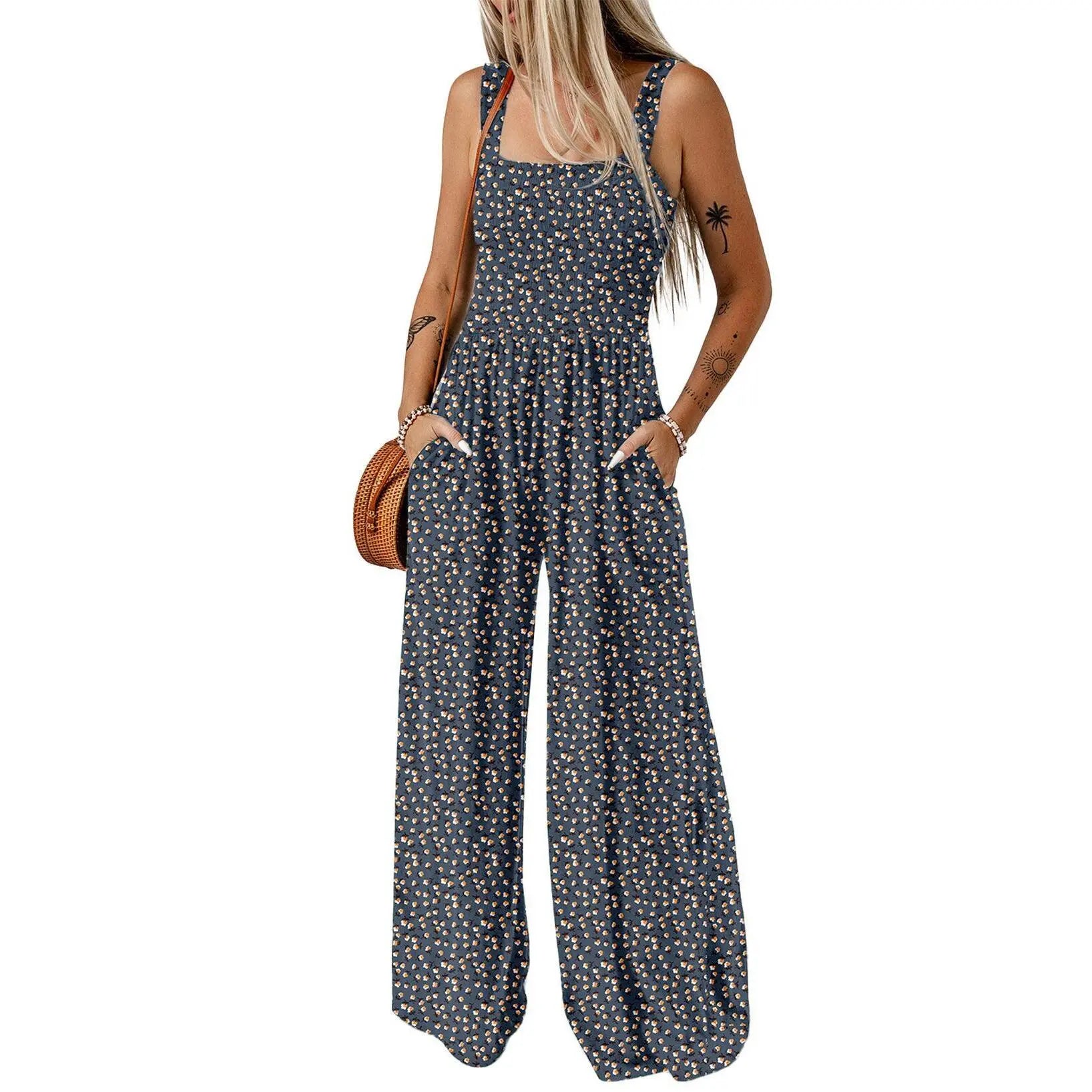 Women's Casual Loose Overalls Jumpsuits One Piece Sleeveless Printed Wide Leg Long Pant Rompers With Pockets Bohemian Womenswear