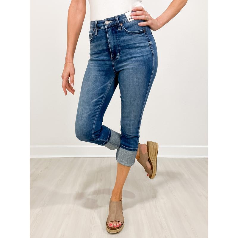 REBLEU High Waist Tummy Control Cuff Capri Jeans