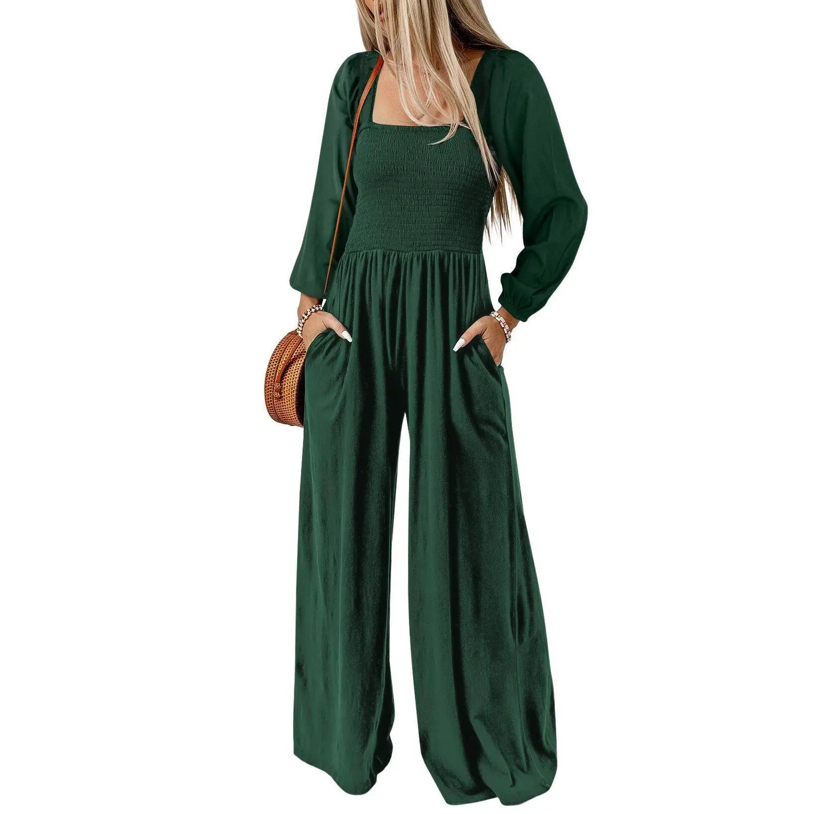 Women's Casual Loose Overalls Jumpsuits One Piece Long Sleeve Wide Leg Long Pant Rompers With Pockets