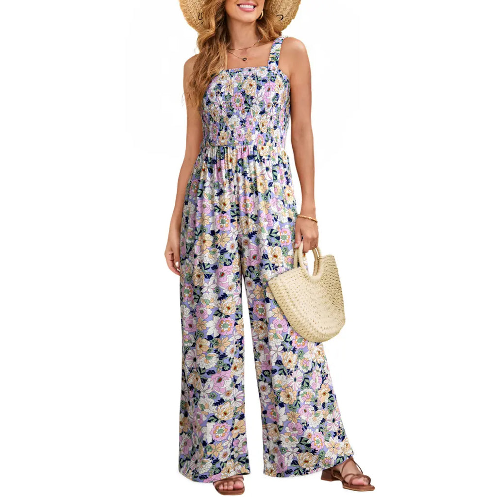Dokotoo Women's Casual Loose Overalls Jumpsuits One Piece Sleeveless Printed Wide Leg Long Pant Rompers With Pockets Bohemian Womenswear