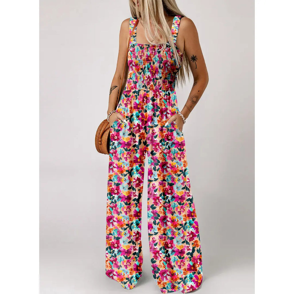 Dokotoo Women's Casual Loose Overalls Jumpsuits One Piece Sleeveless Printed Wide Leg Long Pant Rompers With Pockets Bohemian Womenswear
