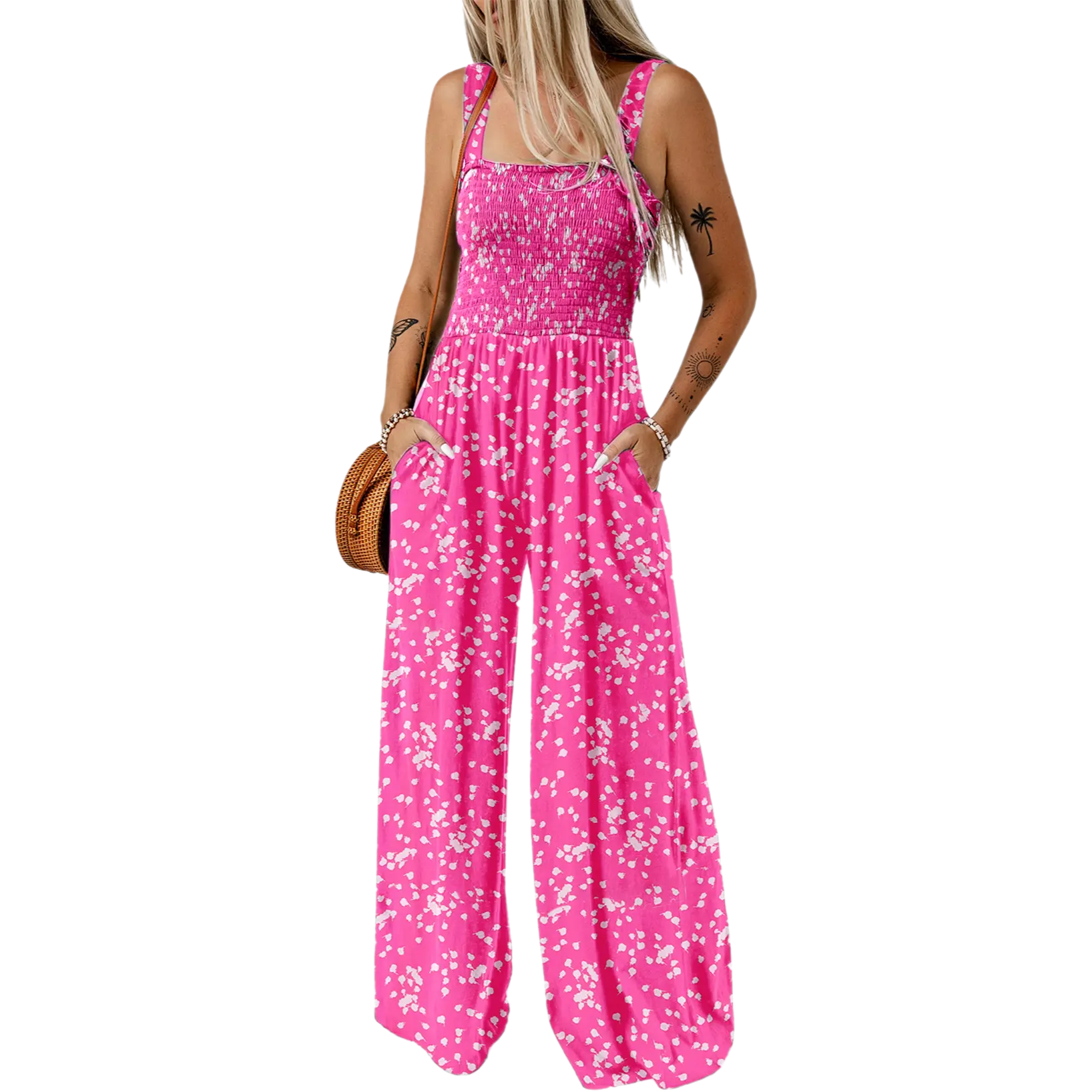 Women's Casual Loose Overalls Jumpsuits One Piece Sleeveless Printed Wide Leg Long Pant Rompers With Pockets Bohemian Womenswear