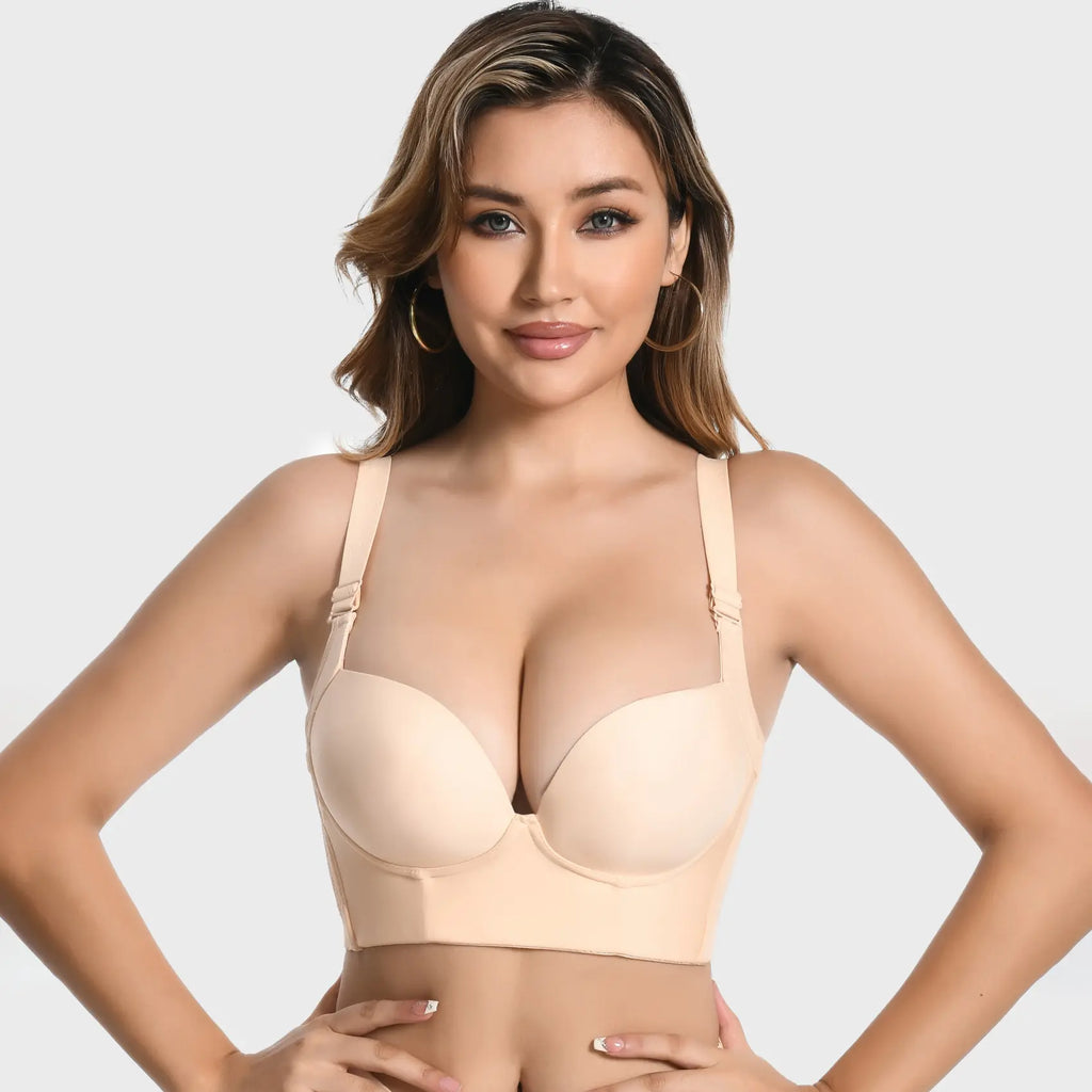 Rebleu Braless Deep V Bra with Wide Straps | Wireless Seamless Design for Supportive U-Back Comfort & Sexy Shape