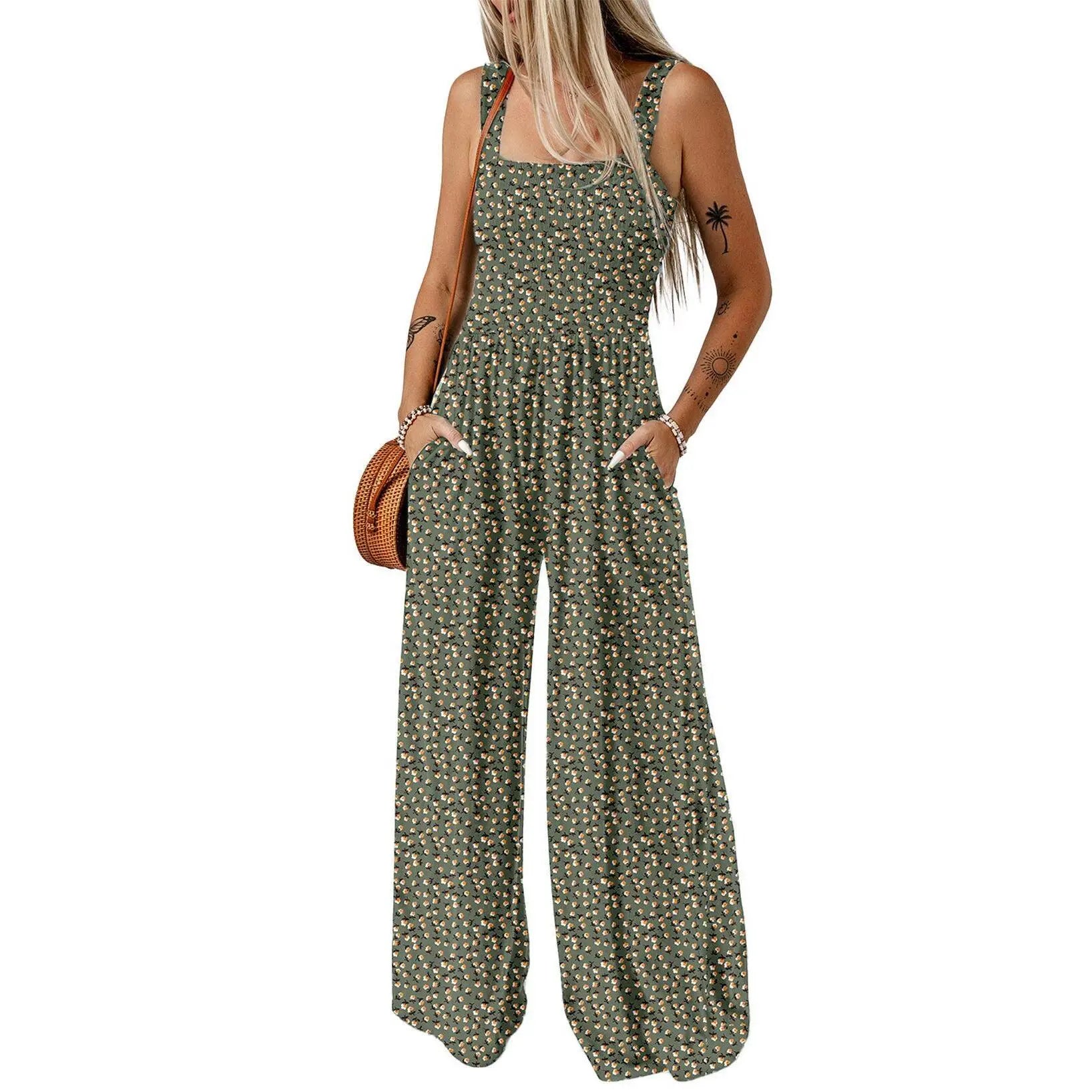 Women's Casual Loose Overalls Jumpsuits One Piece Sleeveless Printed Wide Leg Long Pant Rompers With Pockets Bohemian Womenswear