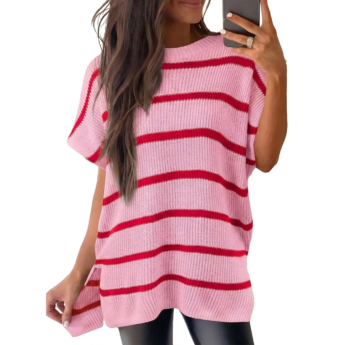 Women's Ribbed Knit Top Batwing Short Sleeve Crew Neck Oversized High Low Side Split Casual Blouse  DealsForYouDays