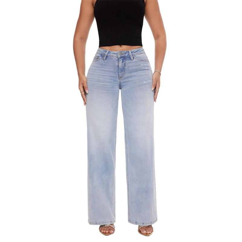Mid-low Rise Baggy Stretchy Distressed Wide Leg Jeans