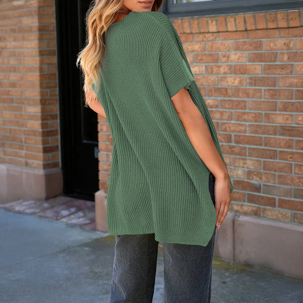 Shewin Women's Ribbed Knit Top Batwing Short Sleeve Crew Neck Oversized High Low Side Split Casual Blouse  DealsForYouDays