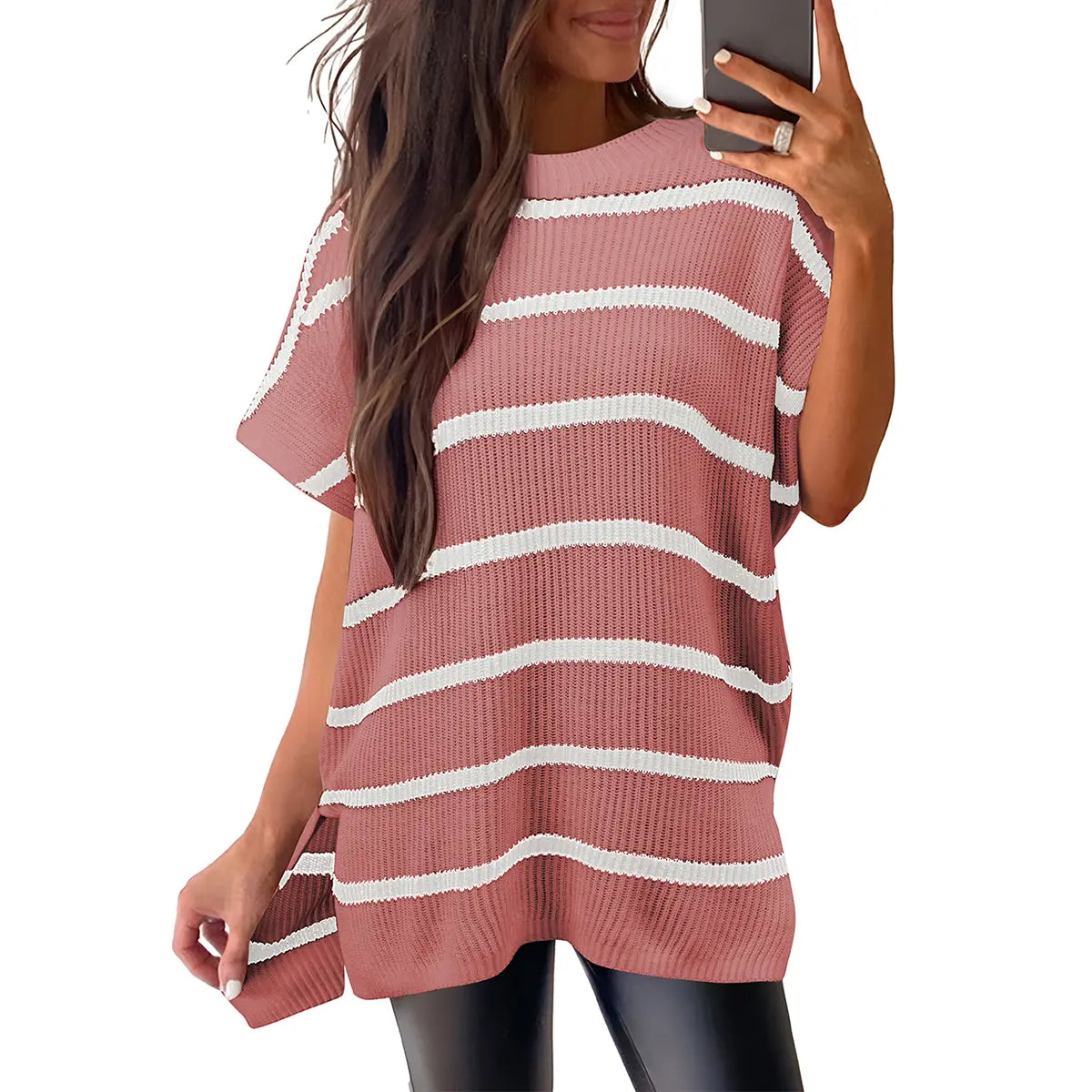Women's Ribbed Knit Top Batwing Short Sleeve Crew Neck Oversized High Low Side Split Casual Blouse  DealsForYouDays