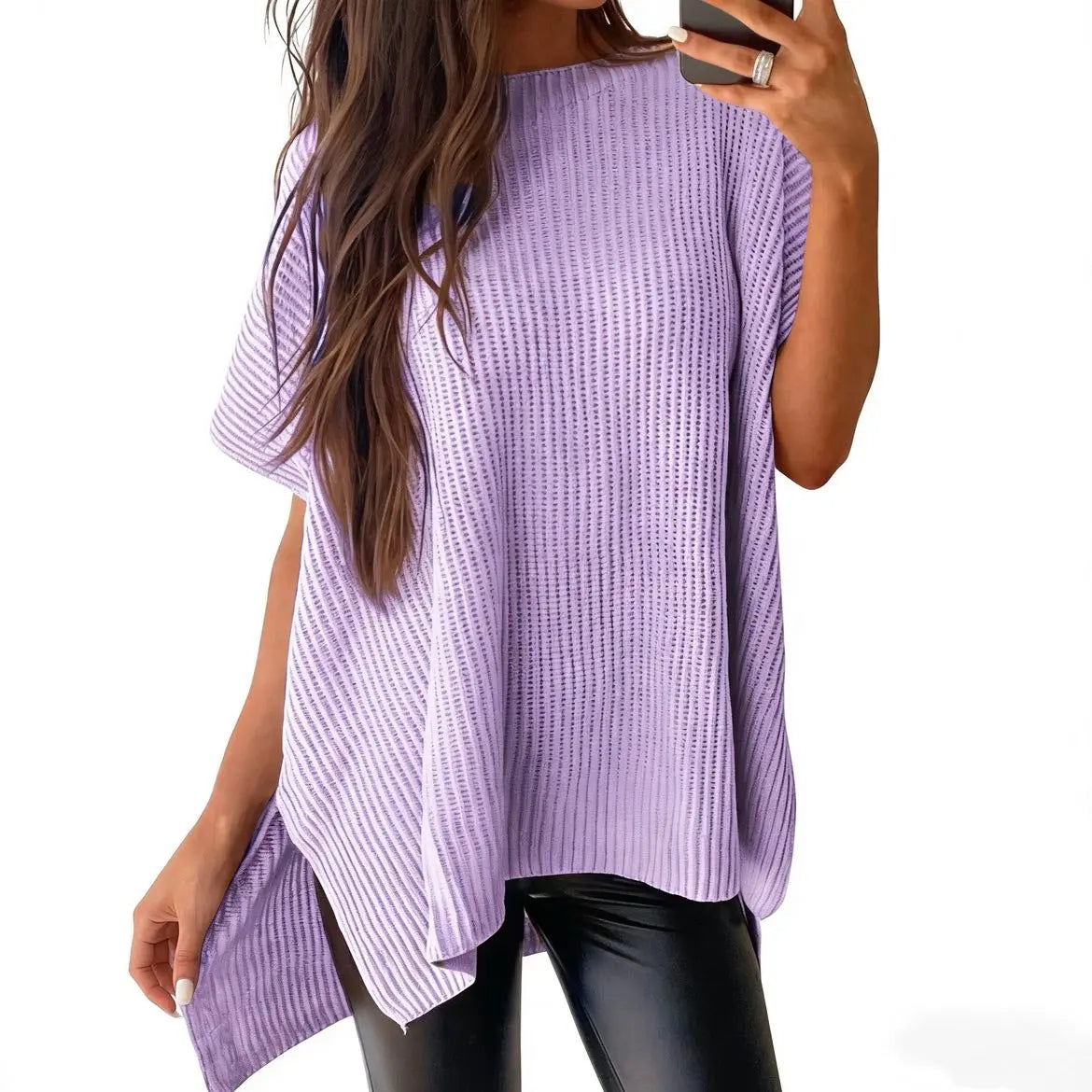 Women's Ribbed Knit Top Batwing Short Sleeve Crew Neck Oversized High Low Side Split Casual Blouse  DealsForYouDays