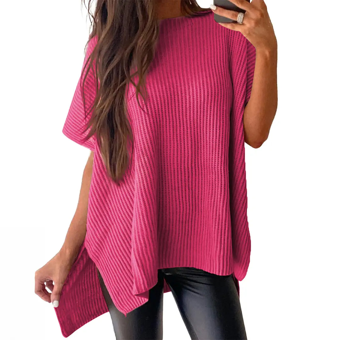 Women's Ribbed Knit Top Batwing Short Sleeve Crew Neck Oversized High Low Side Split Casual Blouse  DealsForYouDays