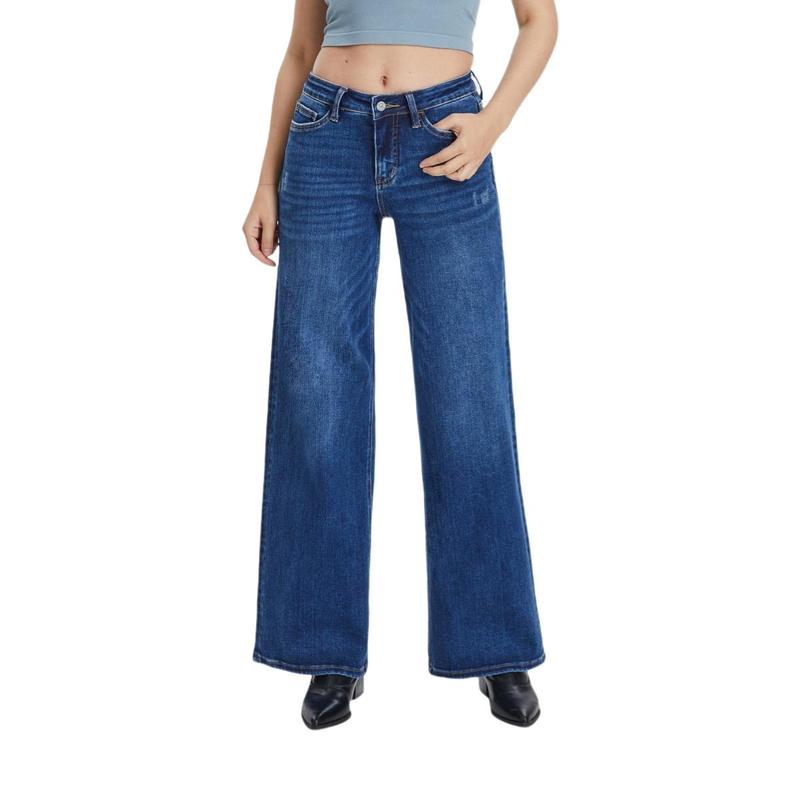 Mid-low Rise Baggy Stretchy Distressed Wide Leg Jeans