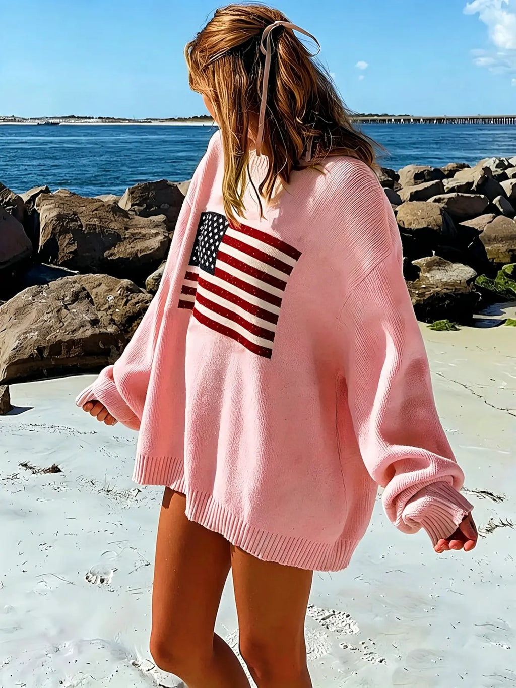 Women's Striped Print Drop Shoulder Oversized Crewneck Sweater, Street Casual Long Sleeve Round Neck Jumper for Spring & Fall, Women's Knitwear for Everyday Wear, Womenswear