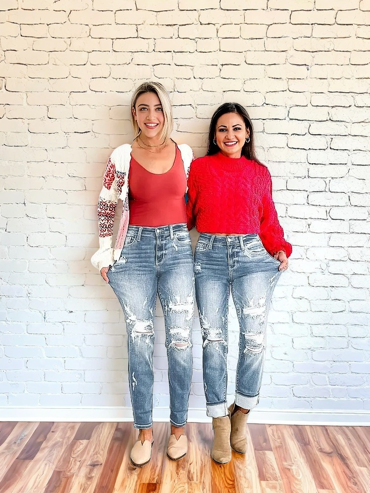 Tummy Control Distressed Cuffed Boyfriend Jeans