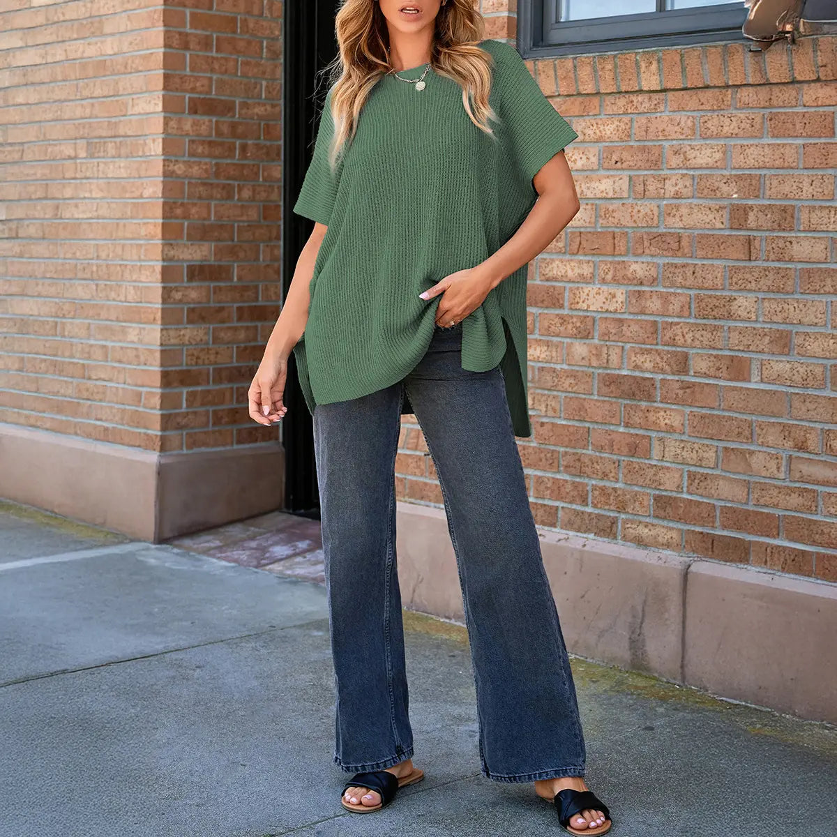 Shewin Women's Ribbed Knit Top Batwing Short Sleeve Crew Neck Oversized High Low Side Split Casual Blouse  DealsForYouDays