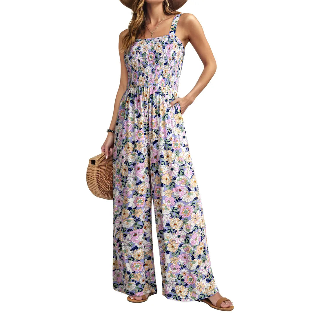 Dokotoo Women's Casual Loose Overalls Jumpsuits One Piece Sleeveless Printed Wide Leg Long Pant Rompers With Pockets Bohemian Womenswear
