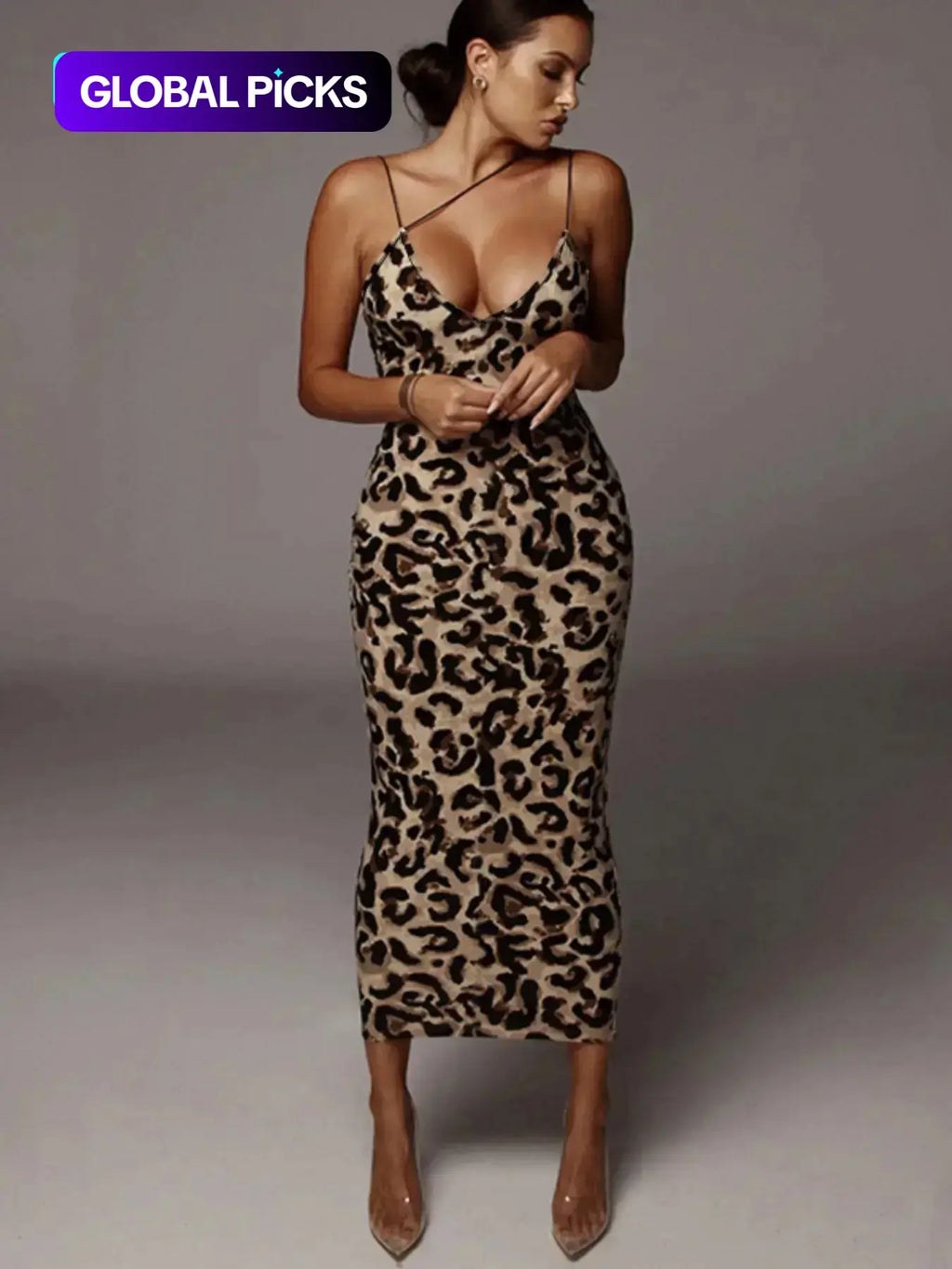 Women's All Over Leopard Print Asymmetrical Cami Dress, Elegant Sleeveless Spaghetti Strap Bodycon Dress for Party Club Night Out, Fashion Chic Sundress, Ladies Summer Clothes, Midi Dress, Womenswear (Light&thin fabic）