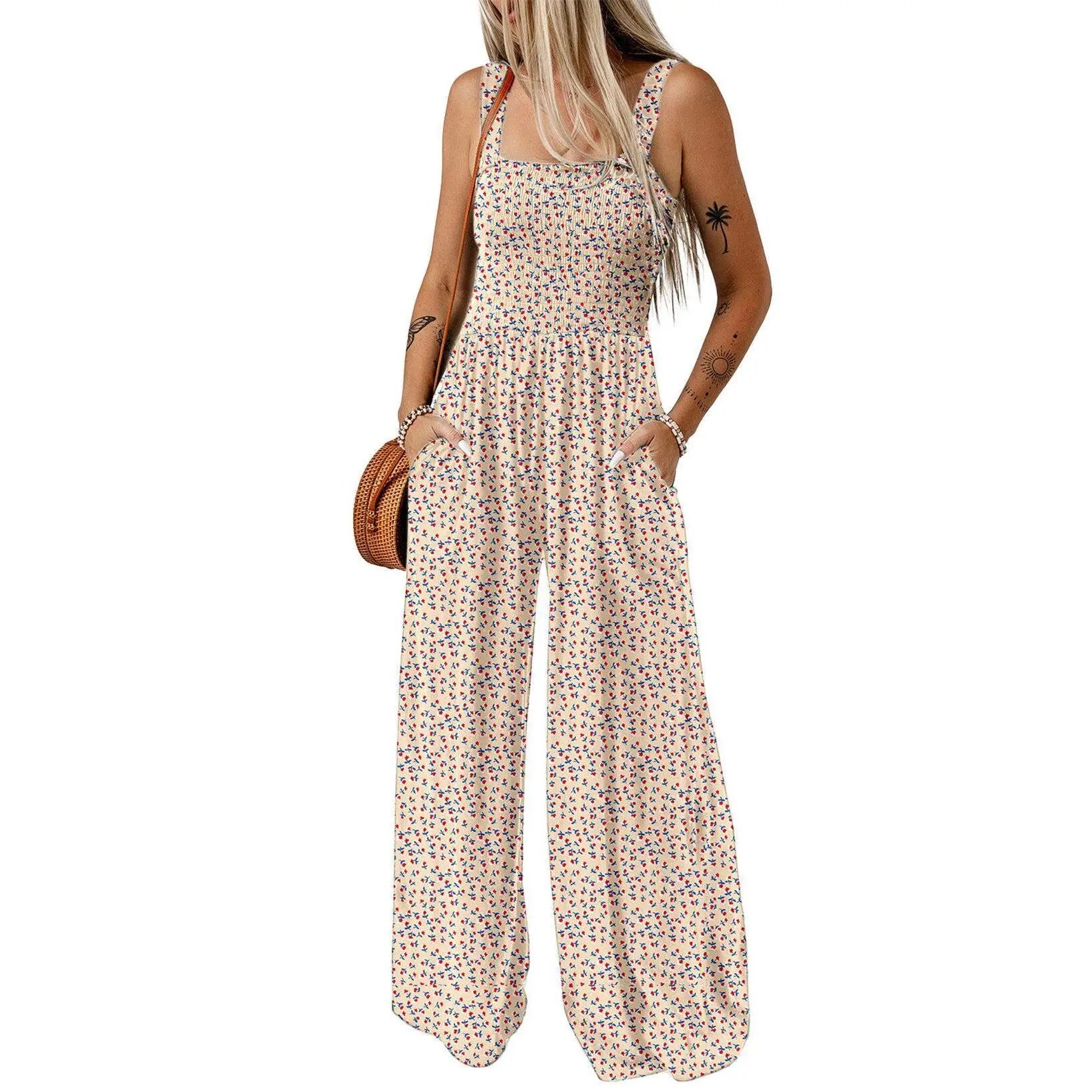 Women's Casual Loose Overalls Jumpsuits One Piece Sleeveless Printed Wide Leg Long Pant Rompers With Pockets Bohemian Womenswear