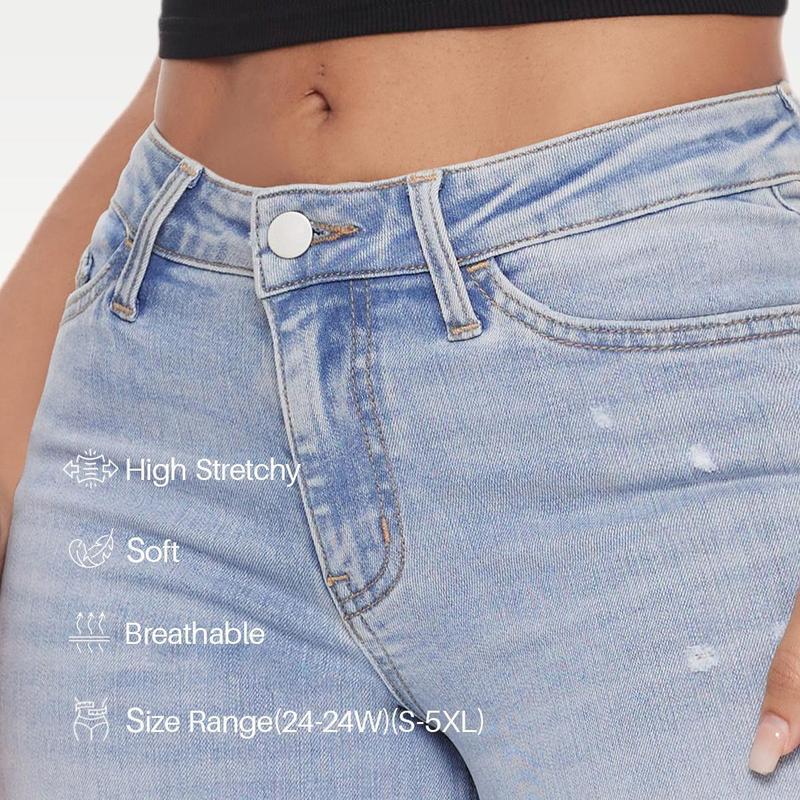 Mid-low Rise Baggy Stretchy Distressed Wide Leg Jeans