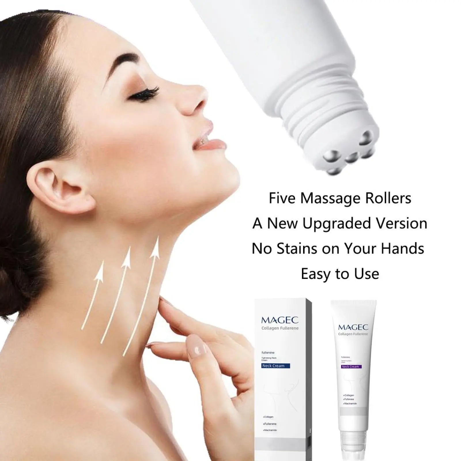 Reduces Wrinkles and Double Chin,Five Rollers for All Around Massage,Neck Firming Cream,Collagen Neck Cream,Relieves Edema,Suitable for Wrinkled Skin,with Hyaluronic Acid,VitaminC+E.