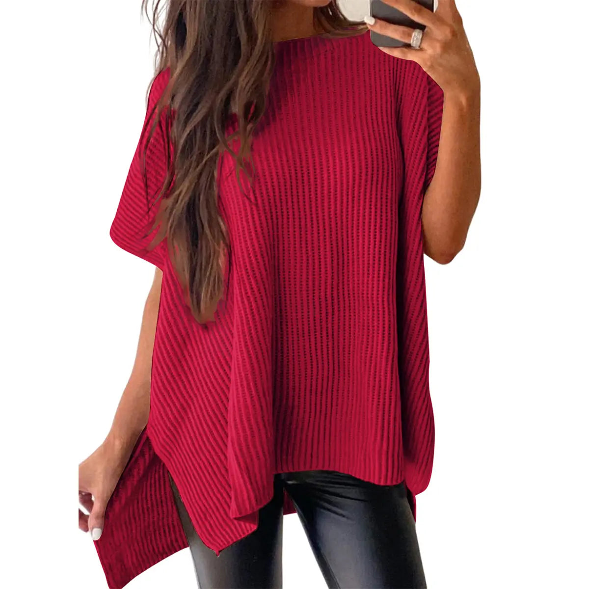 Women's Ribbed Knit Top Batwing Short Sleeve Crew Neck Oversized High Low Side Split Casual Blouse  DealsForYouDays