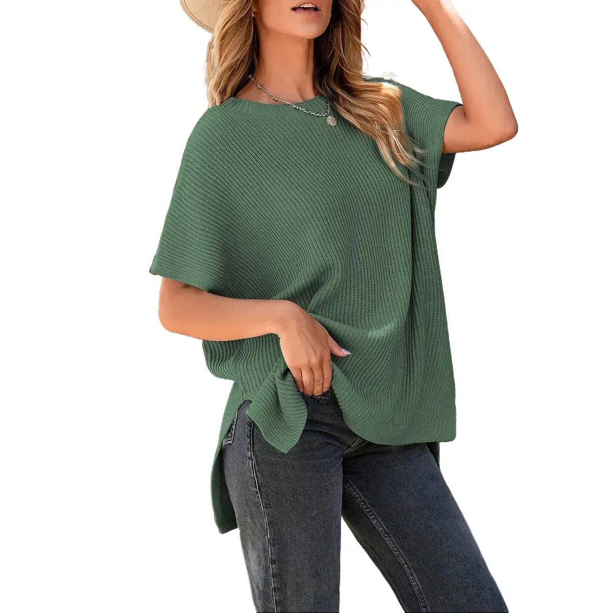 Shewin Women's Ribbed Knit Top Batwing Short Sleeve Crew Neck Oversized High Low Side Split Casual Blouse  DealsForYouDays