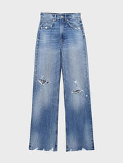 High-Waist Ripped Denim Trousers